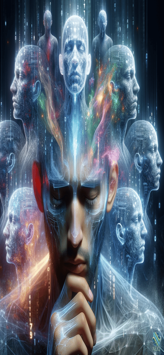 Contemplative Man Surrounded by Holographic Faces