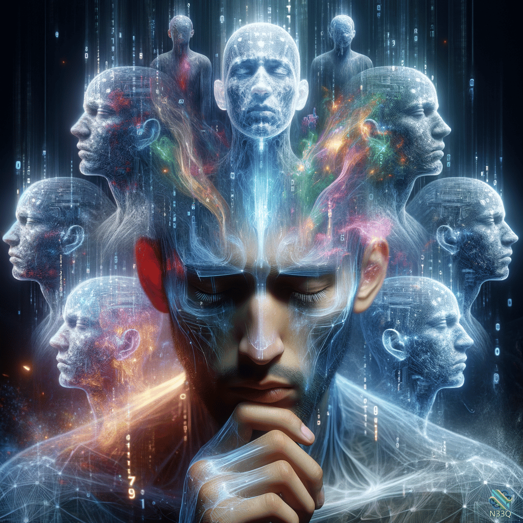 Contemplative Man Surrounded by Holographic Faces