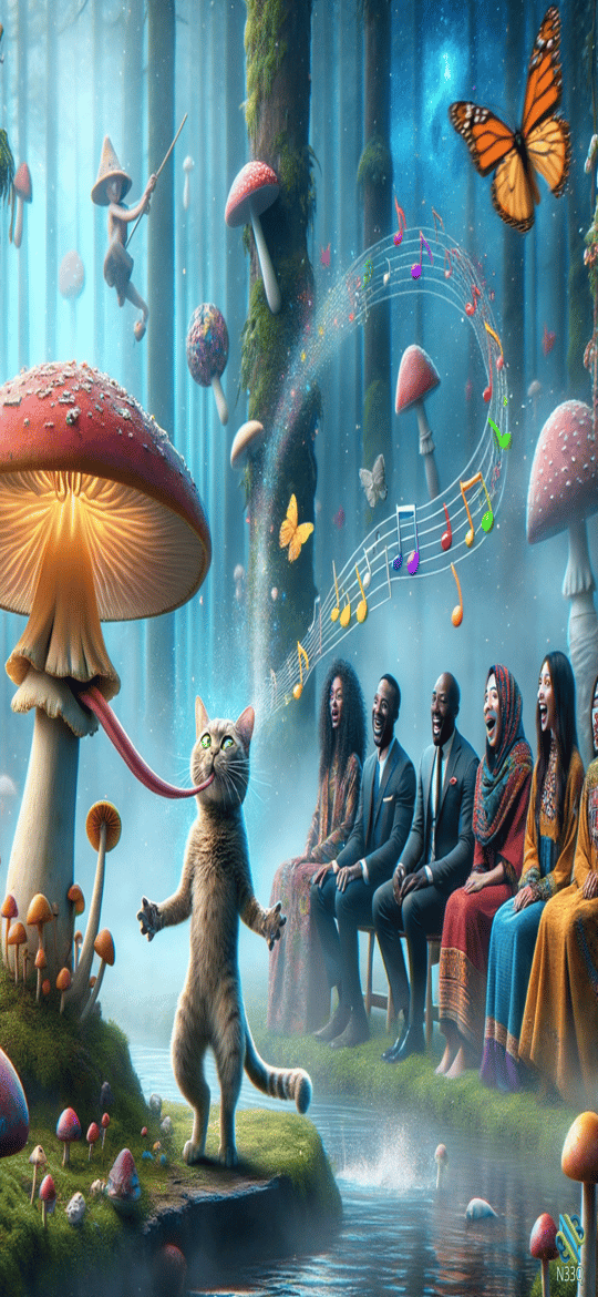 Cat Leading Choir in Mushroom Forest