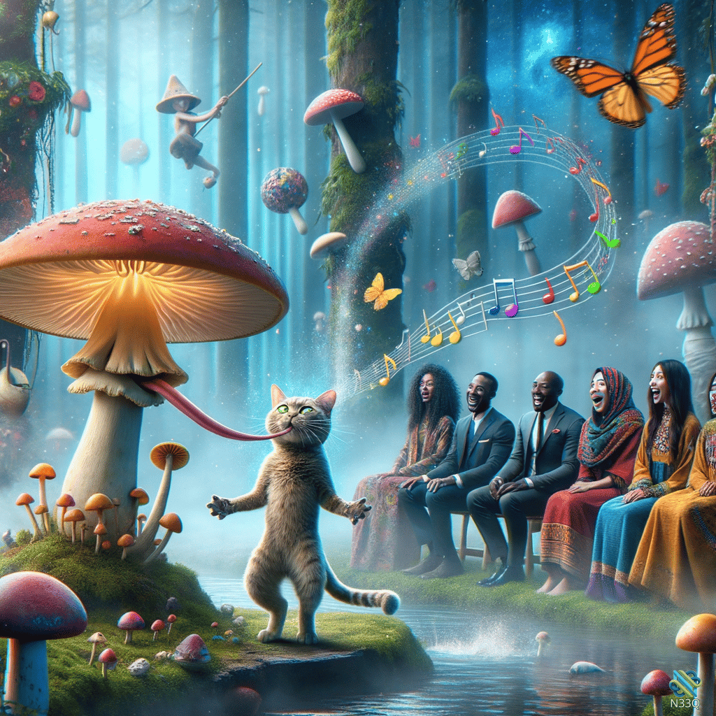 Cat Leading Choir in Mushroom Forest