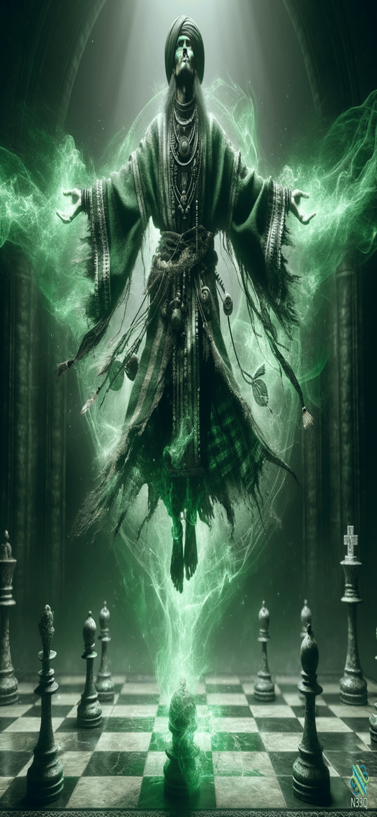 Mystic Levitating Over Chessboard in Green Energy