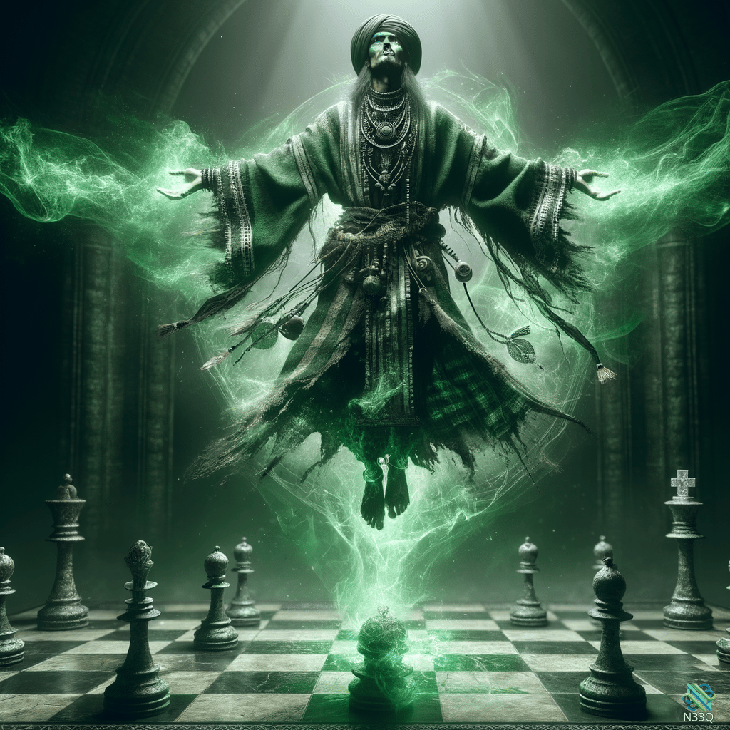 Mystic Levitating Over Chessboard in Green Energy