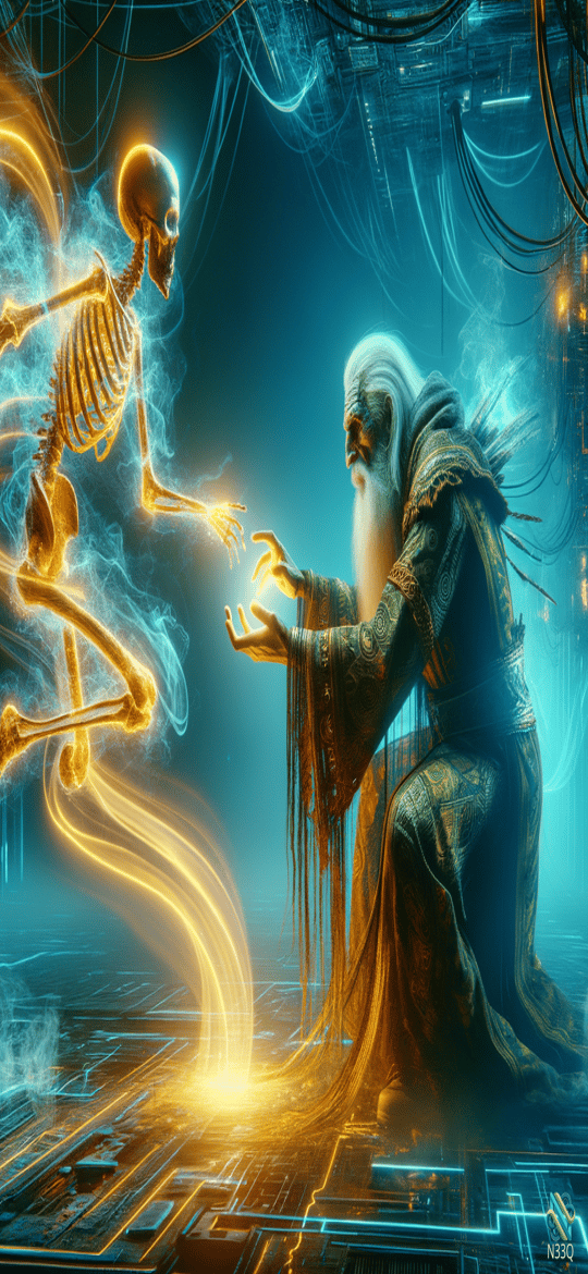 Glowing Skeleton Reaching to Bearded Wizard