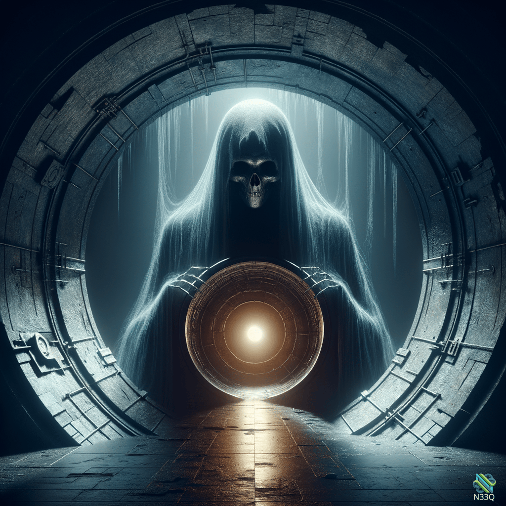 Ghostly Reaper Holding Glowing Portal in Stone Arch