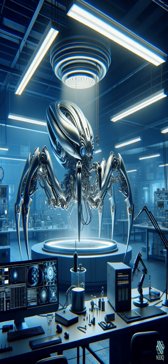 Metallic Spider Robot in Futuristic Lab