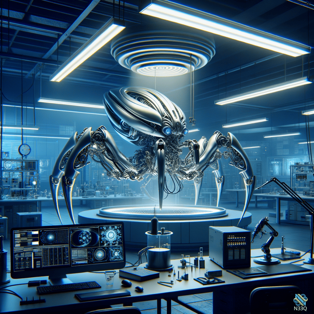 Metallic Spider Robot in Futuristic Lab
