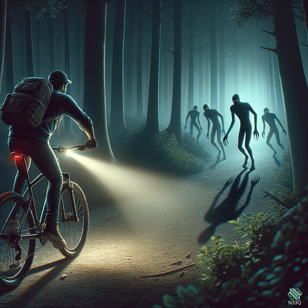 Cyclist Riding Through Misty Forest with Ghosts