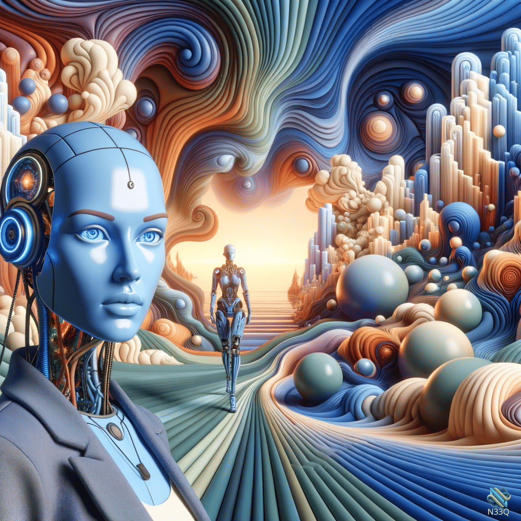 Blue Android in Swirling Futuristic Landscape
