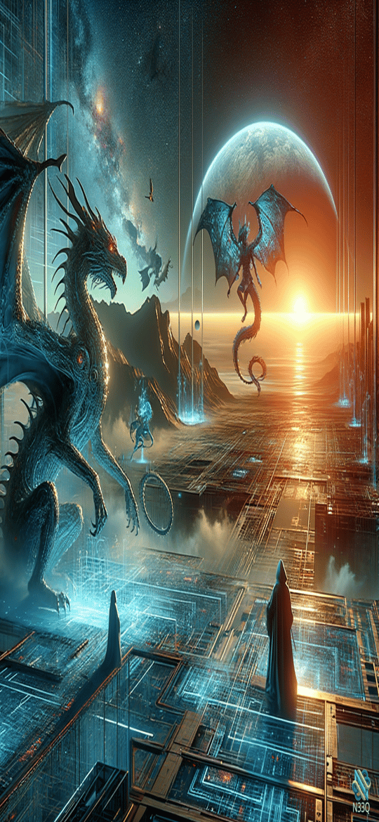 Dragons Over Futuristic Digital Cityscape at Sunset