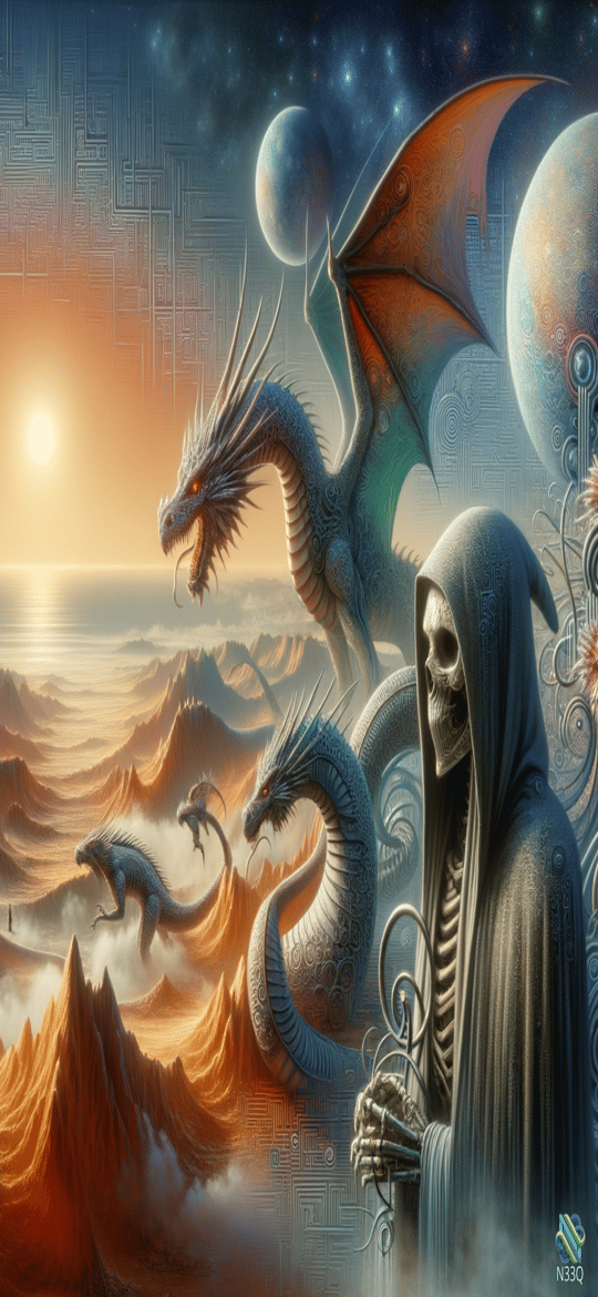 Hooded Skeleton and Dragons Over Mountain Landscape