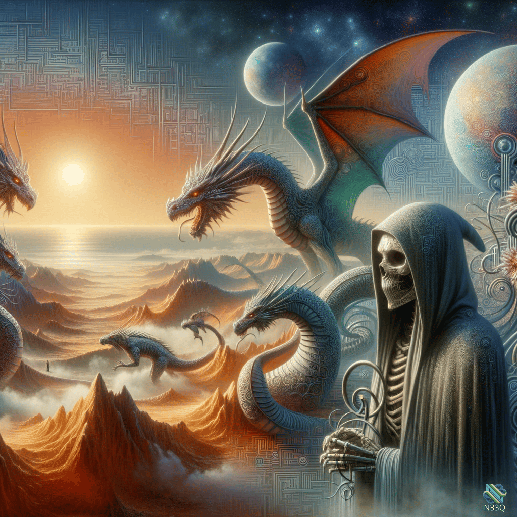 Hooded Skeleton and Dragons Over Mountain Landscape
