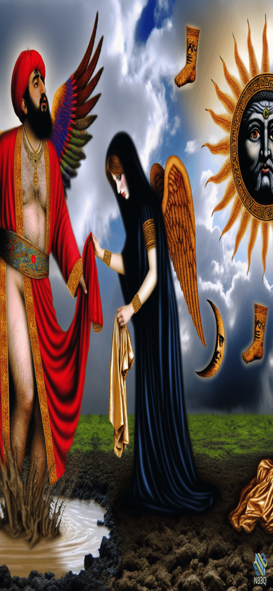Winged Man and Woman in Muddy Field
