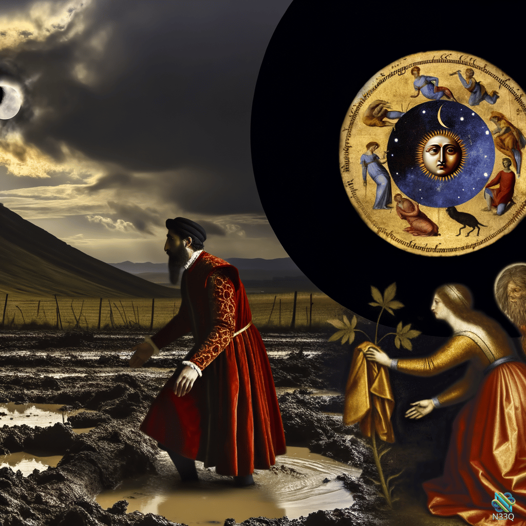 Renaissance Man Crossing Muddy Moonlit Field