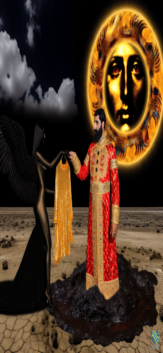 Winged Woman and King Holding Golden Dress