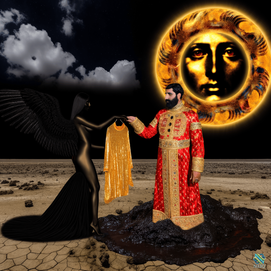Winged Woman and King Holding Golden Dress