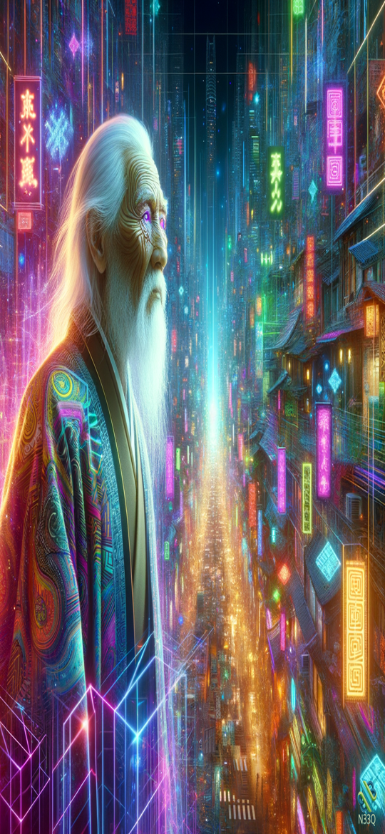 Elderly Sage in Neon Cyberpunk City