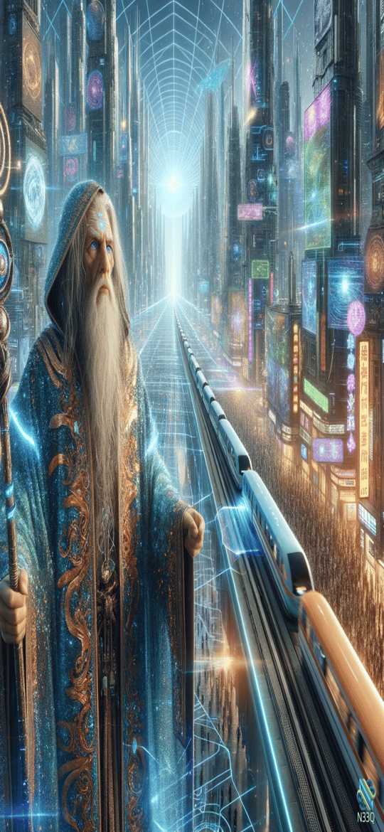Wizard Beside Futuristic Train in Neon City