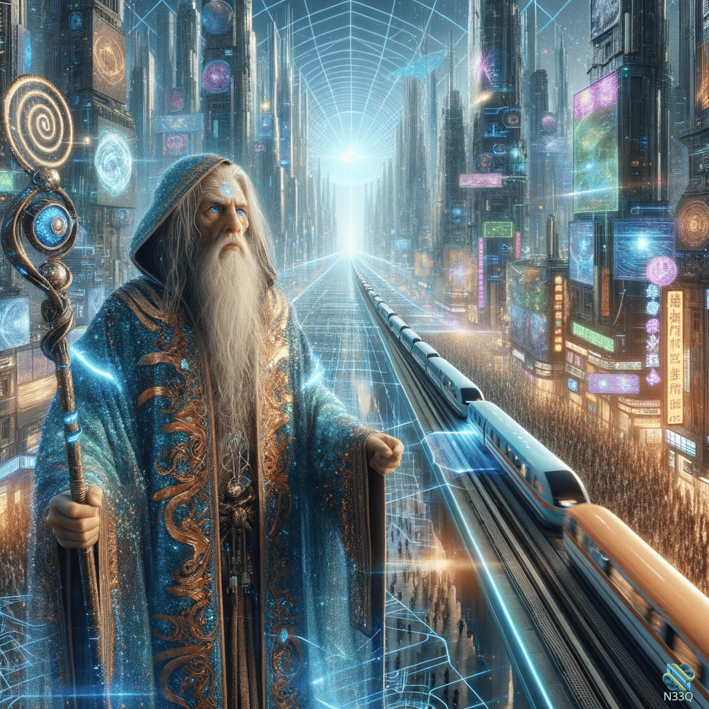 Wizard Beside Futuristic Train in Neon City