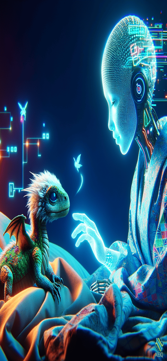 Cyborg Reaching Toward Small Green Dragon