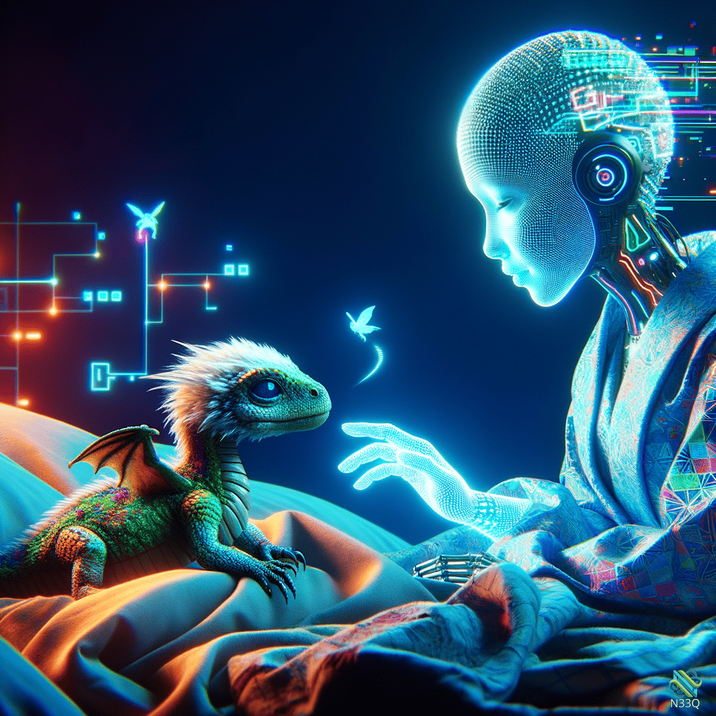 Cyborg Reaching Toward Small Green Dragon