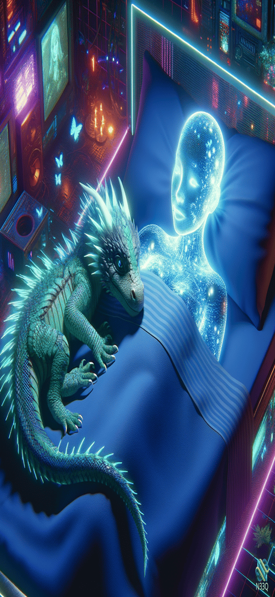 Green Dragon and Glowing Star Figure on Bed