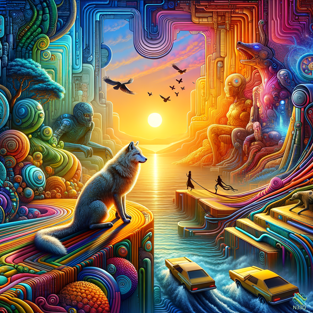 Wolf Overlooking Psychedelic Sunset Cityscape