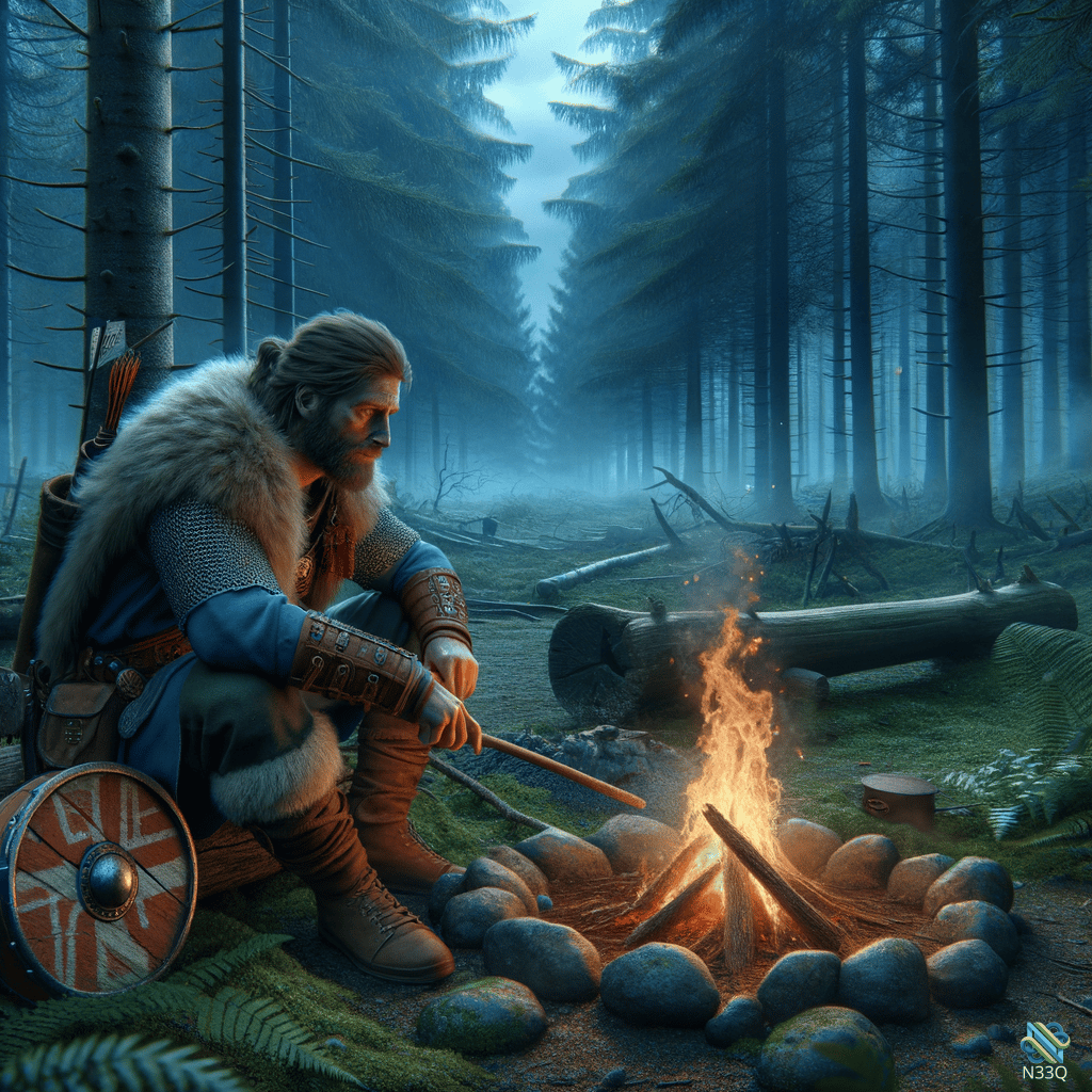Viking Warrior by Campfire in Misty Forest