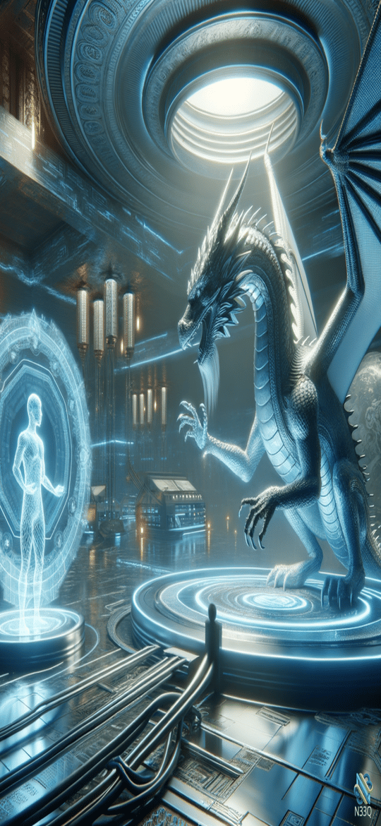 Silver Dragon and Holographic Figure in Futuristic Hall