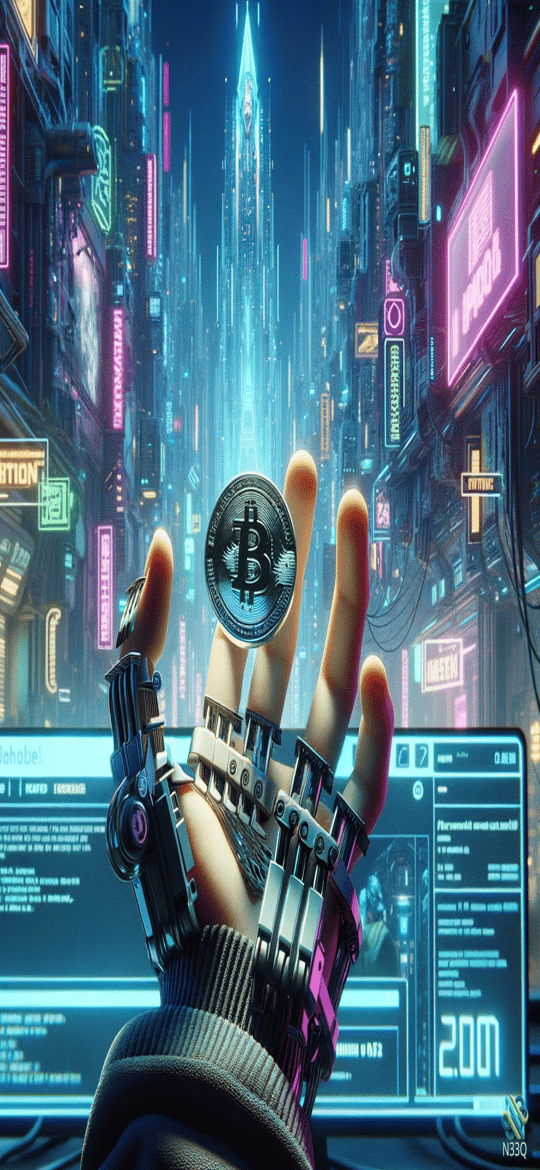 Cyborg Hand Holding Bitcoin in Neon City