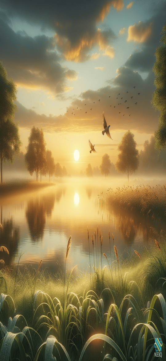 Golden Sunrise Over Misty Lake With Birds