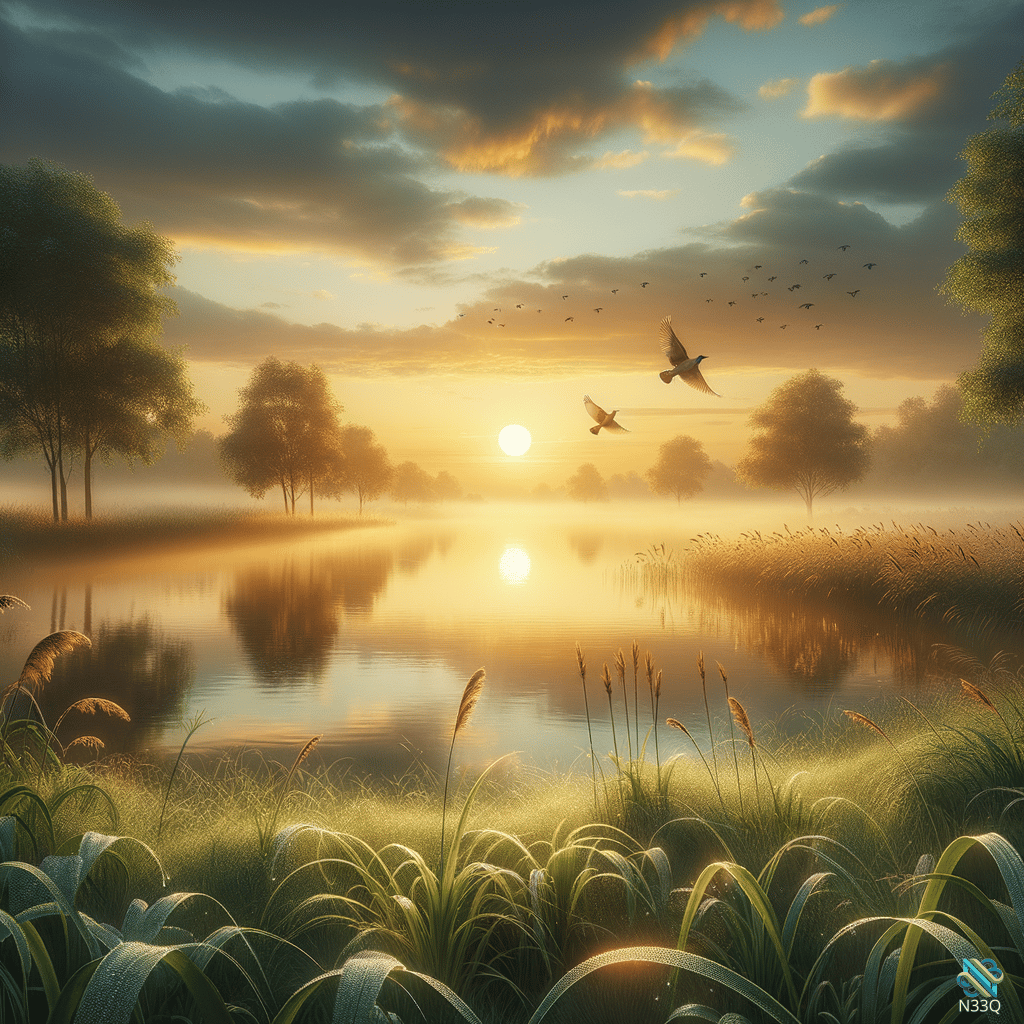 Golden Sunrise Over Misty Lake With Birds