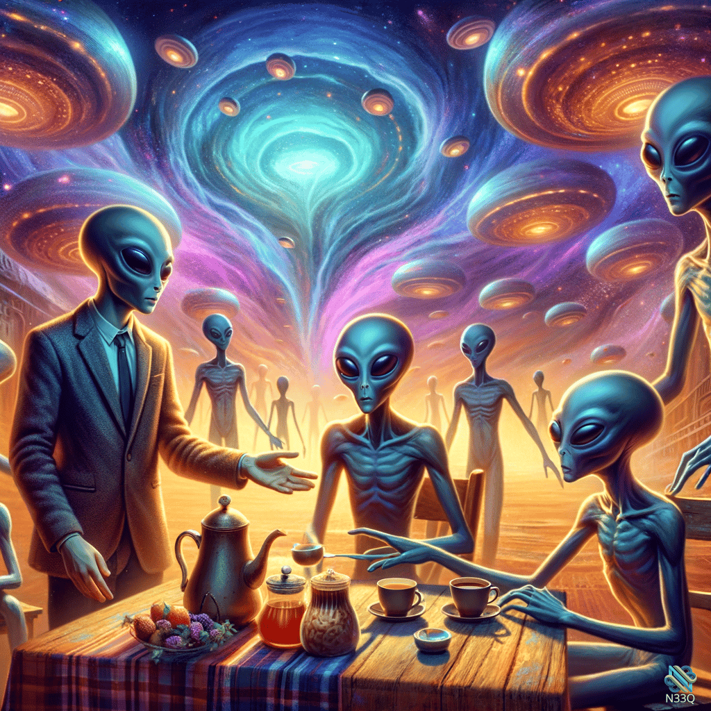 Aliens Sharing Tea Under Swirling Galaxies