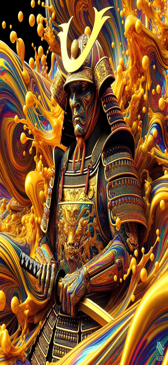 Samurai Amidst Vibrant Paint Explosions