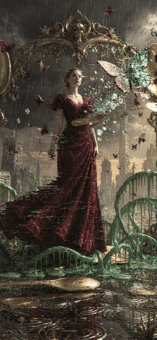 Woman in Red Gown Amid Giant Cutlery