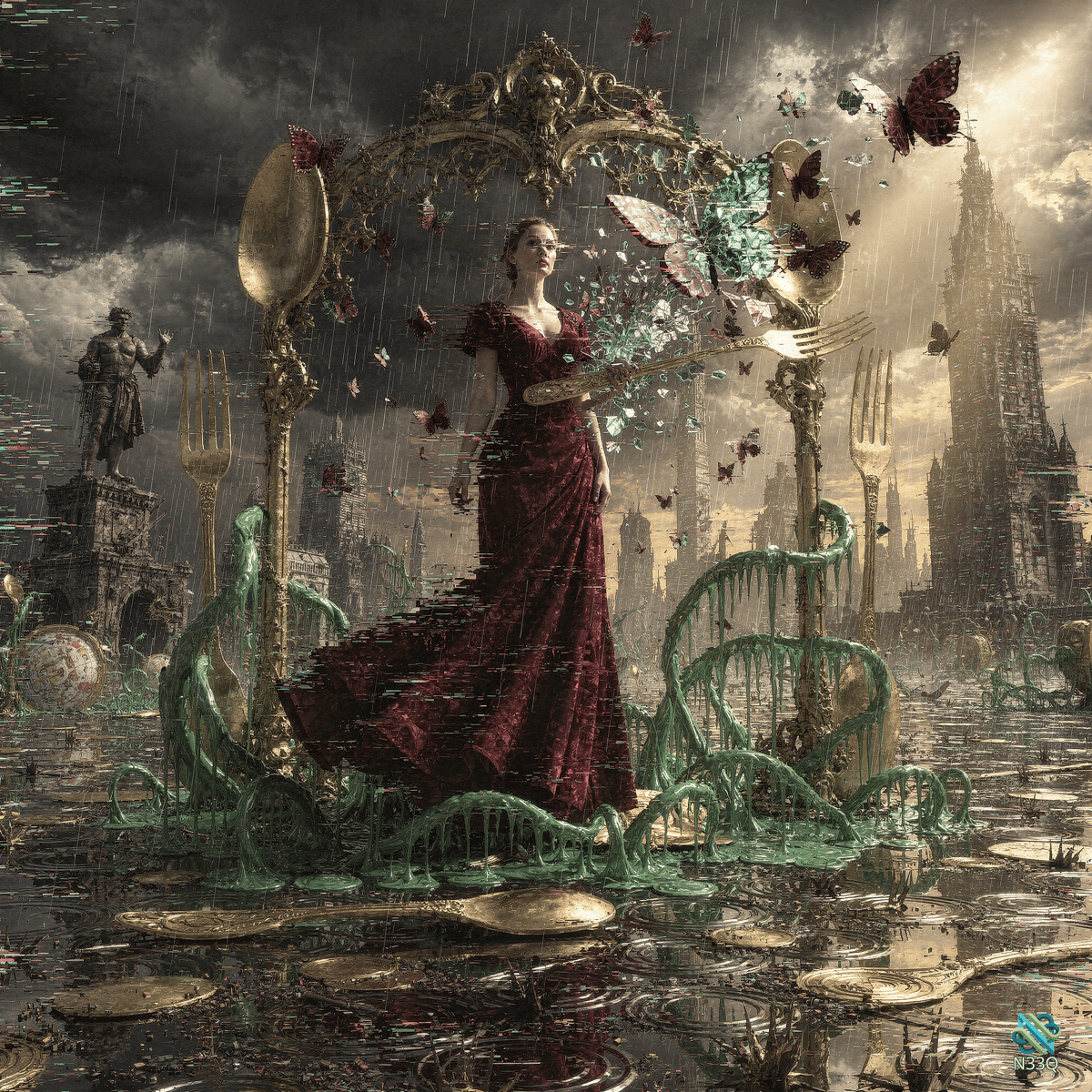 Woman in Red Gown Amid Giant Cutlery