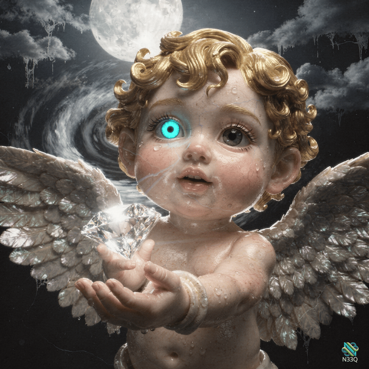 Glowing-Eyed Cherub Holding Diamond Under Moon