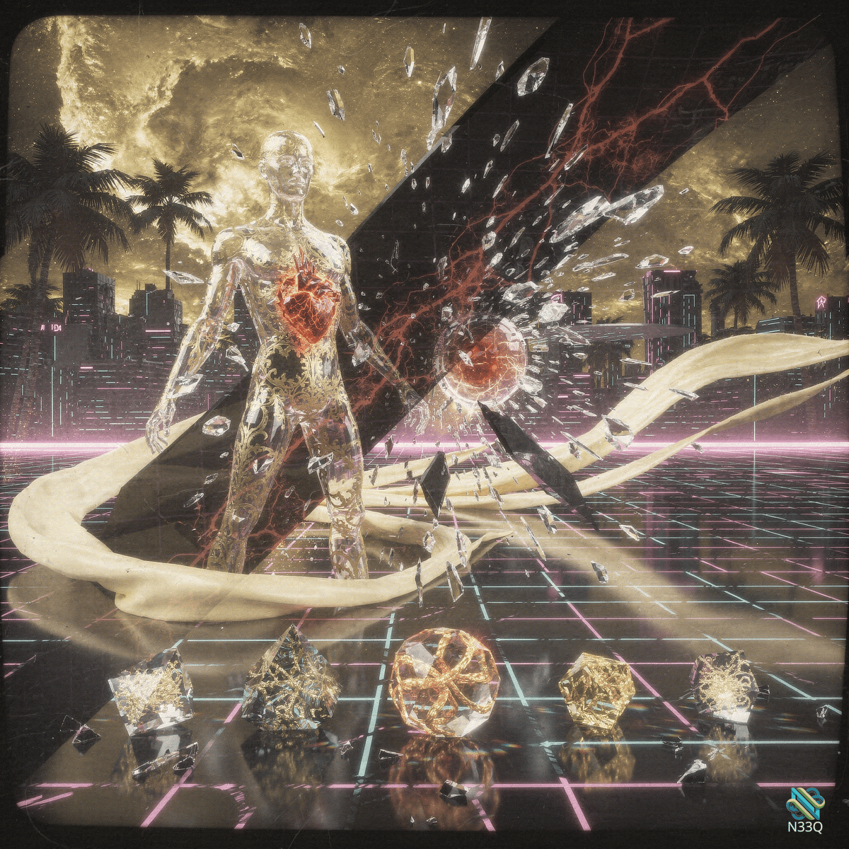 Shattering Glass Humanoid in Neon Futuristic City