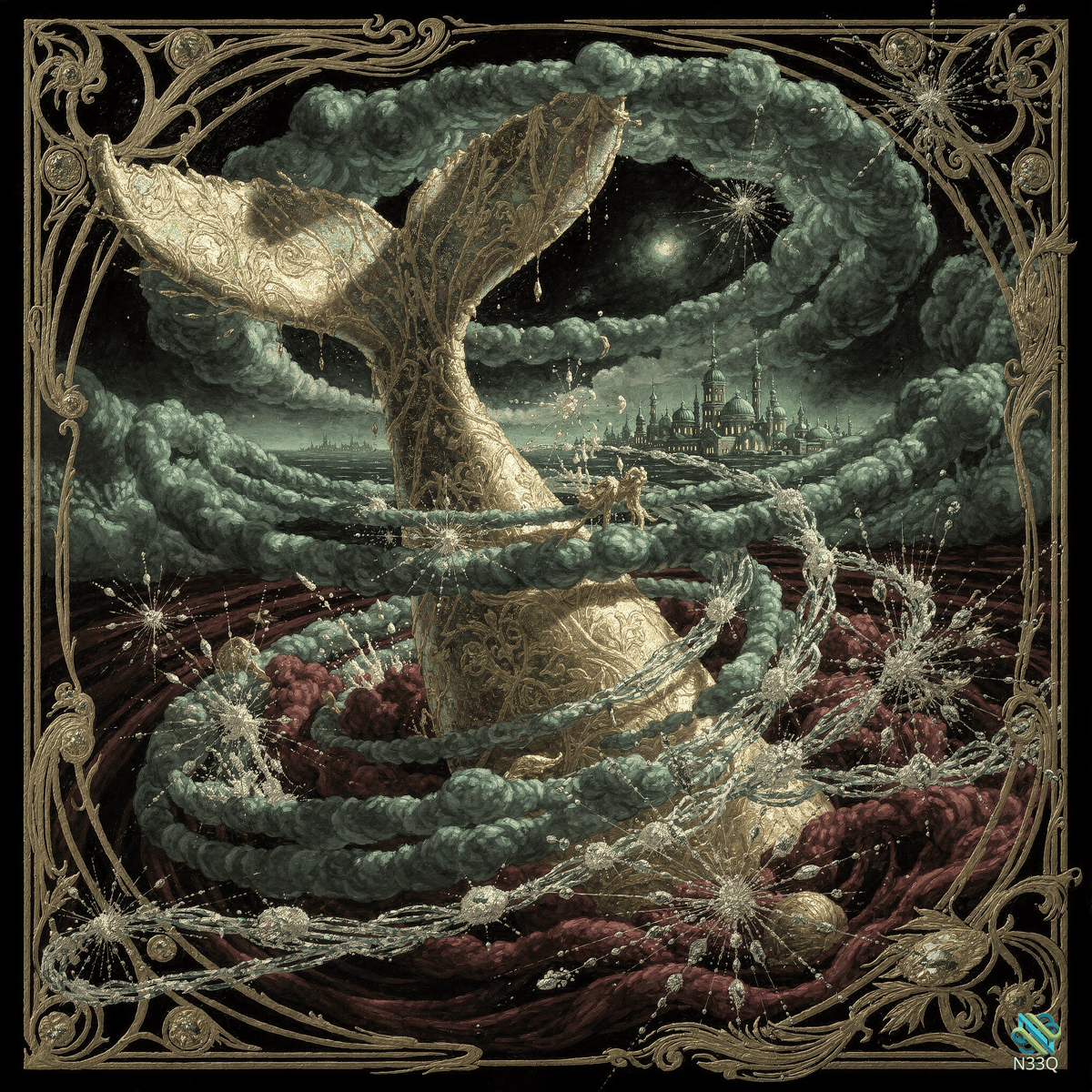 Ornate Whale Tail Rising Through Swirling Clouds