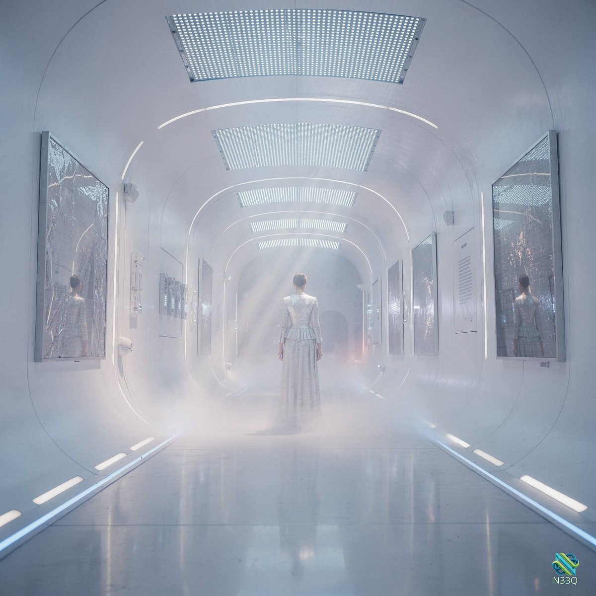 Woman in White Dress Walking Futuristic Corridor