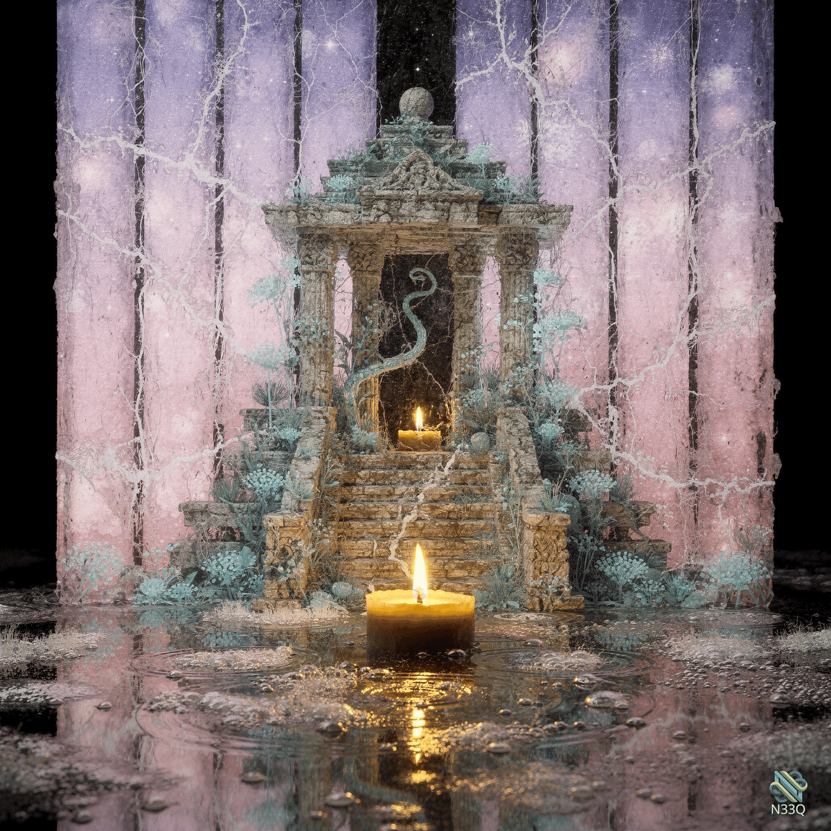 Ornate Shrine with Candles in Reflection