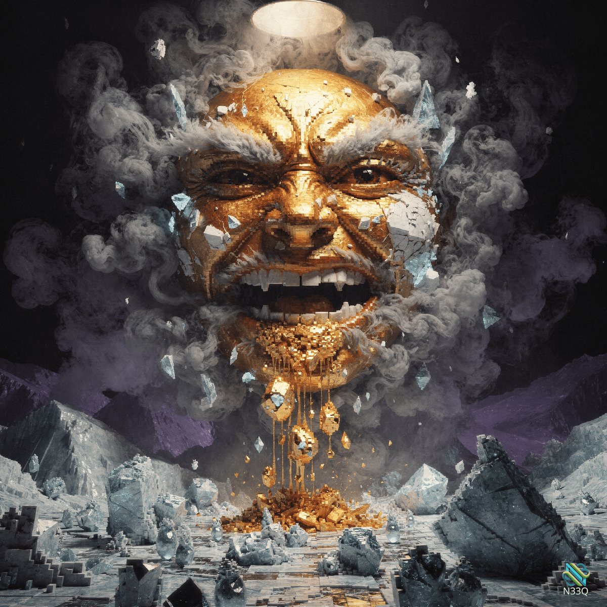 Cracked Golden Face Roaring from Storm Clouds