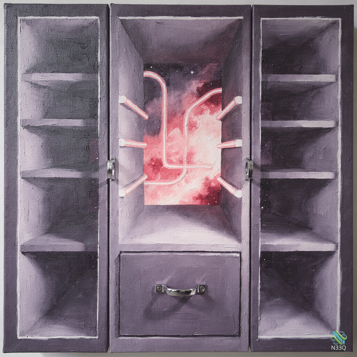 Purple Cabinet Revealing Cosmic Red Nebula Pipes