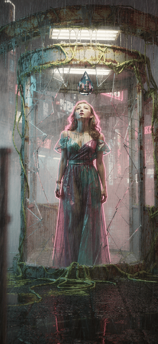 Woman in Vines Overgrown Neon Phone Booth