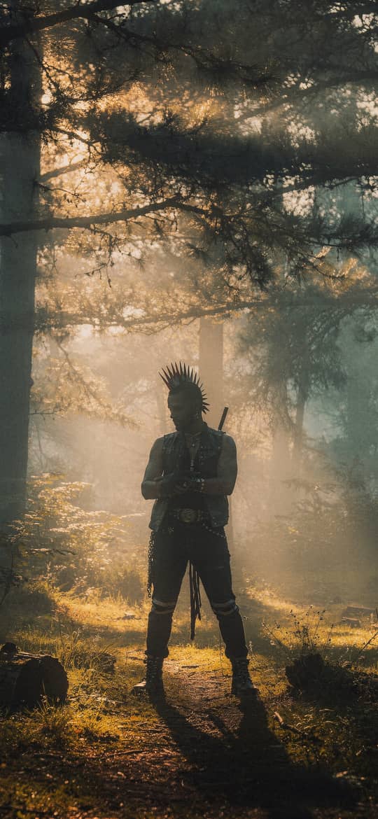 Mohawked Warrior in Misty Sunlit Forest
