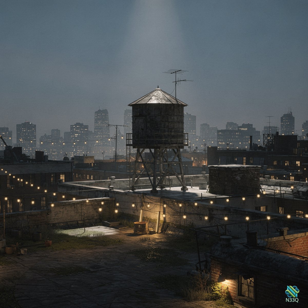 Water Tower on Urban Rooftop at Night