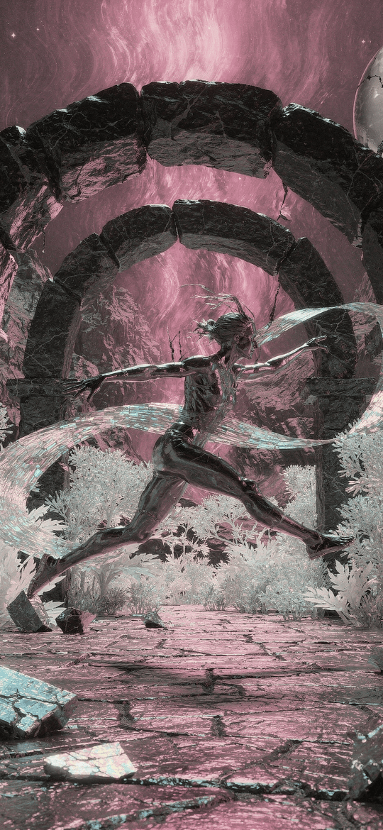 Dancer Leaping Through Stone Arches Under a Cracked Moon