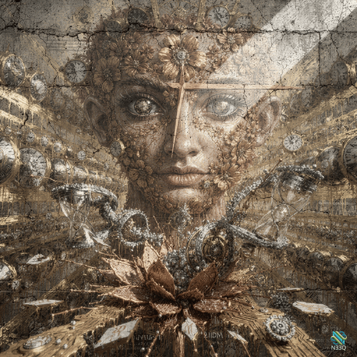 Woman's Face with Clocks and Flowers