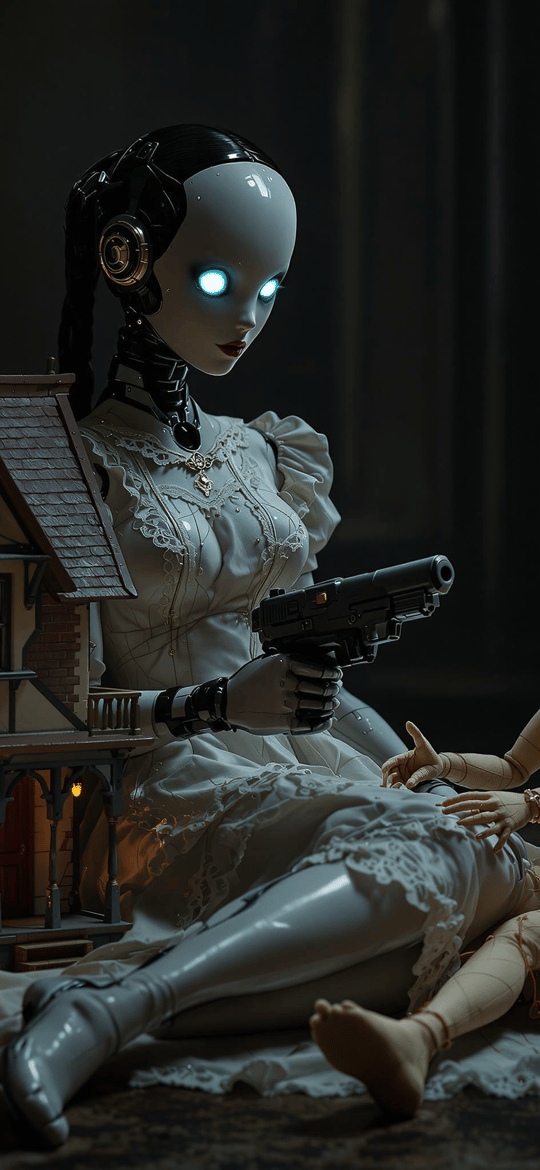 Android in White Dress Holding Pistol