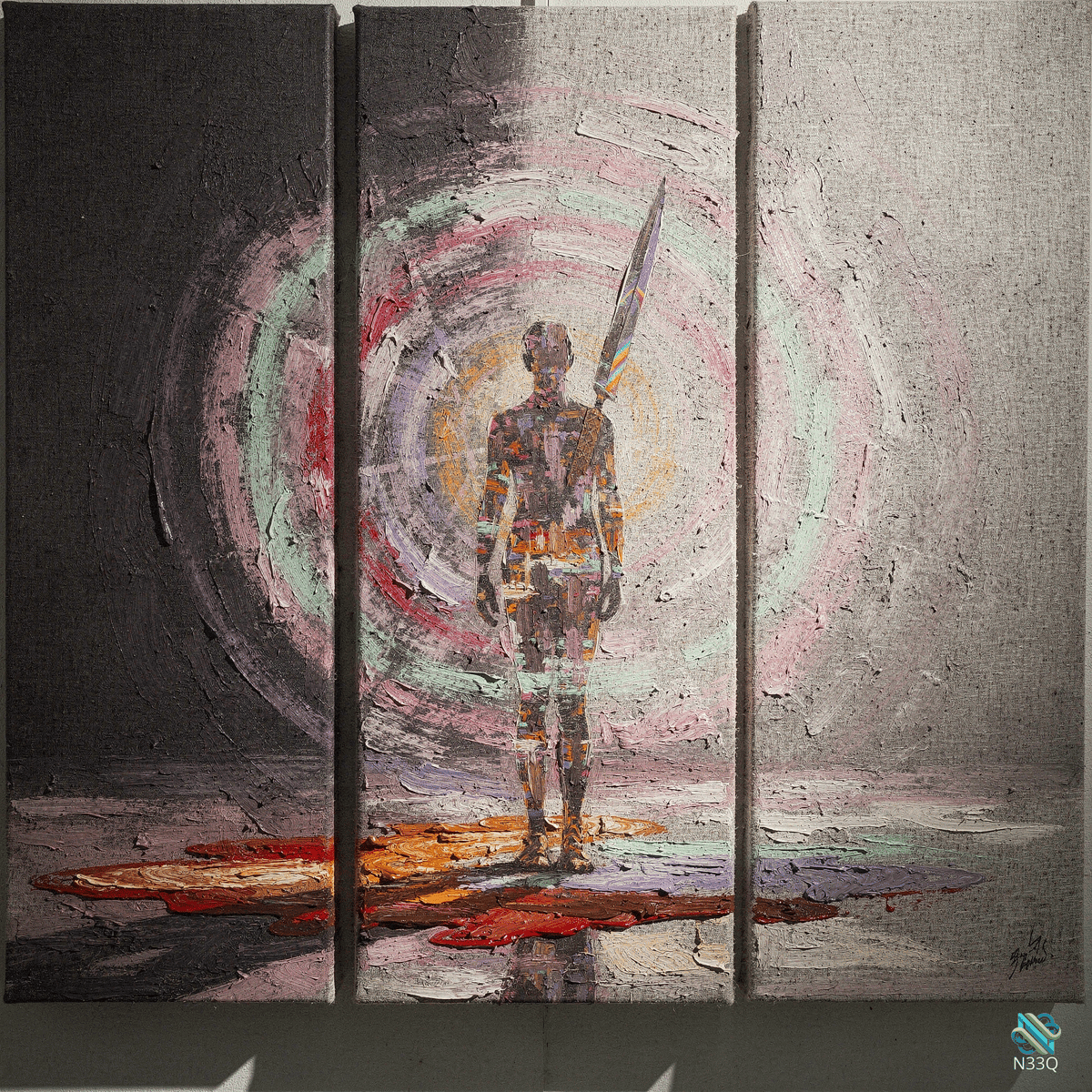 Triptych of a Spear-Bearing Figure Before Painted Rings