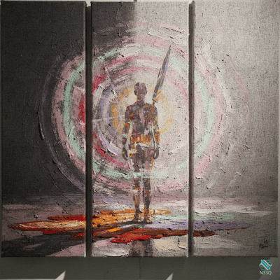 Triptych of a Spear-Bearing Figure Before Painted Rings
